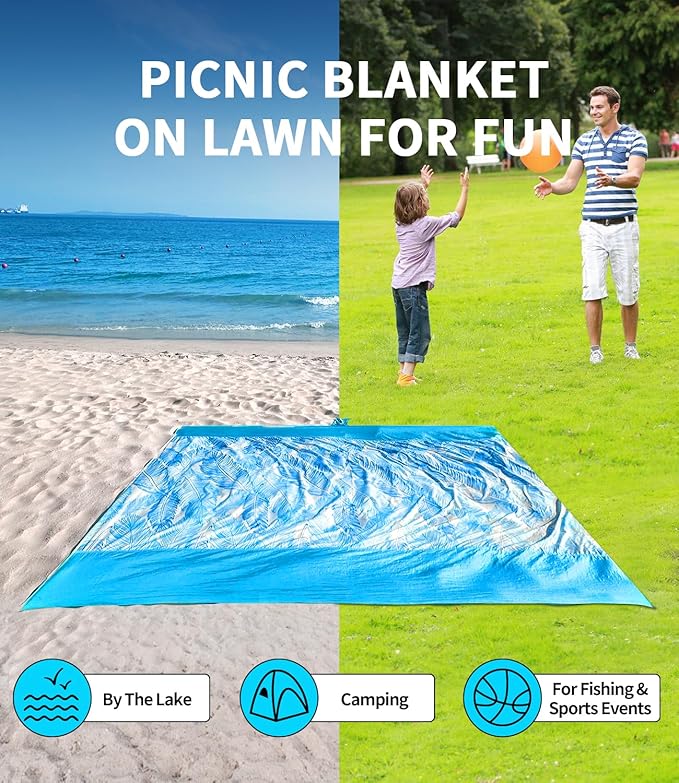 LH Beach Blanket Sandproof, 107"*90" Extra Large Waterproof Beach Mat for 2-8 Adults, Picnic Blankets for Camping, Beach Essentials Big & Compact Quick Drying, Lightweight & Durable with 4 Stakes
