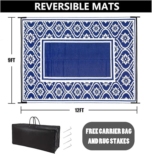 RV Outdoor Rug Waterproof Mat 9'x12' Camping Carpet Outside Area Rugs Reversible Light Blue Rugs for Deck Entryance Porch Picnic Balcony Beach