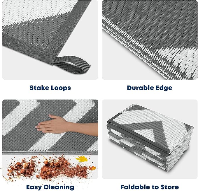 Kohree RV Outdoor Rugs 6x9, Patio Rugs Outdoor Waterproof Camping Mat, Indoor Outdoor Carpet with 4 Loops for Patio, Camping, Backyard, Picnic, Grey