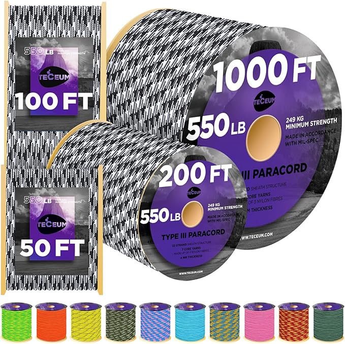 TECEUM Heavy Duty Rope 1000 – 1000ft / 200ft / 100ft / 50ft – 40+ Colors – Utility Rope for Survival & Camping Gear – Nylon String, Camping Rope, para Cord, Utility Nylon Rope, Tent Cord