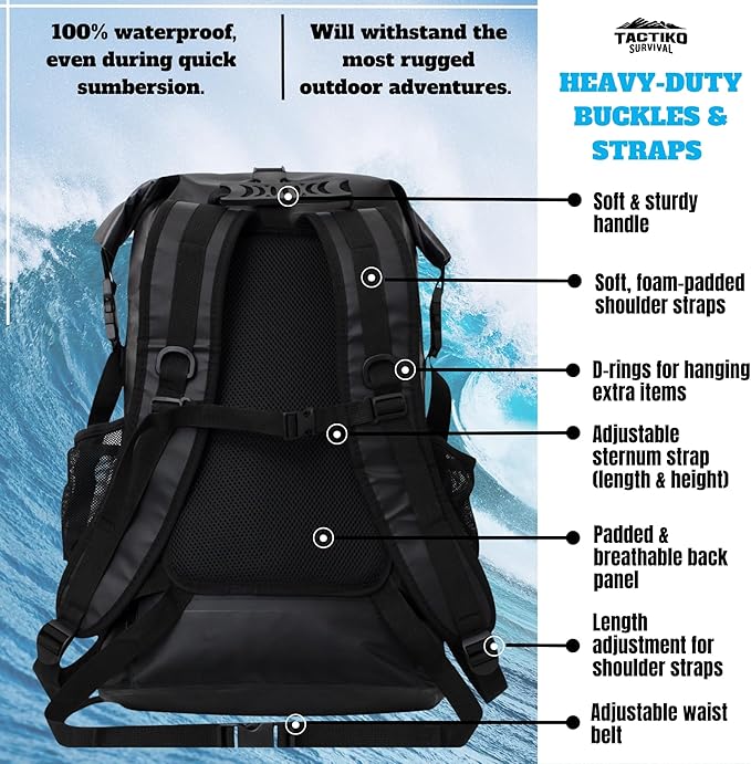 TACTIKO 30L Heavy-Duty 100% Waterproof Backpack, Roll Top Dry Bags for Kayaking, Hiking, Camping, Survival
