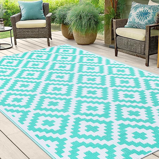Smiry Waterproof Outdoor Rug 5x8 ft, Reversible Plastic Straw Patio Camping Rugs, Outdoor Indoor RV Mat Carpet for Patio, Outside Entry, Backyard, Deck, Bench, Picnic, Camper, White & Teal