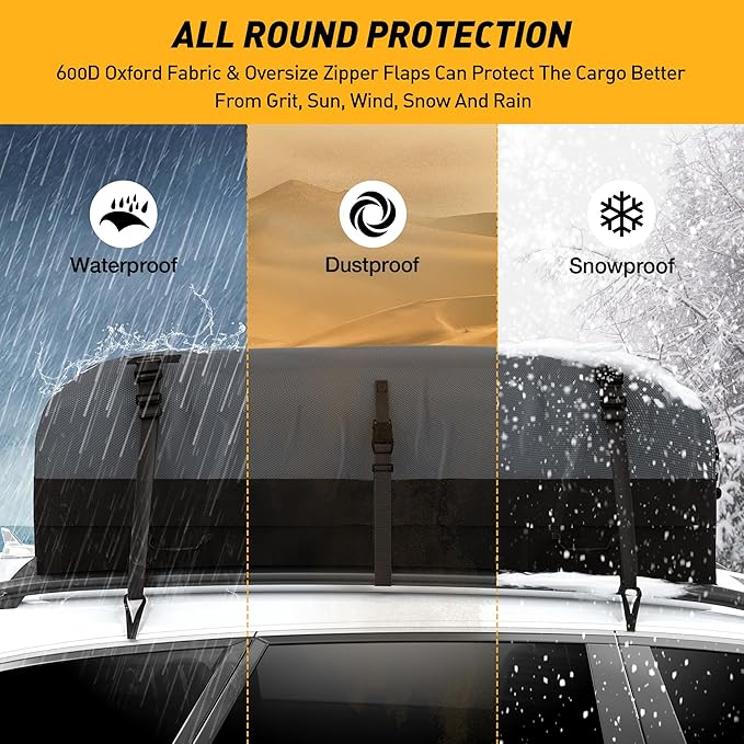 Rooftop Cargo Carrier Bag, WILDROAD 21 Cubic Feet 600D Ultra Anti-Tear Fabric Waterproof Car Roof Bag, Soft-Shell Roof Bag with Storage Bag, Anti-Slip Mat and 6 Door Hooks Fits Car with/Without Racks