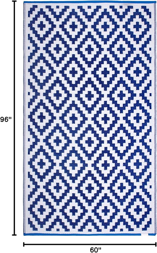 FH Home Outdoor Rug - Waterproof, Fade Resistant, Reversible - Premium Recycled Plastic - Geometric - Patio, Porch, Deck, Balcony - Aztec - Blue & White Crease Free - 5 x 8 ft