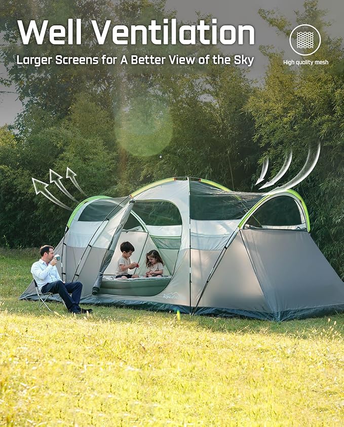 8 Person Larger Extended Dome Camping Tent with 3 Rooms, Waterproof Semi-Freestanding Family Outdoor Tent with Spacious Interior and Mesh Windows