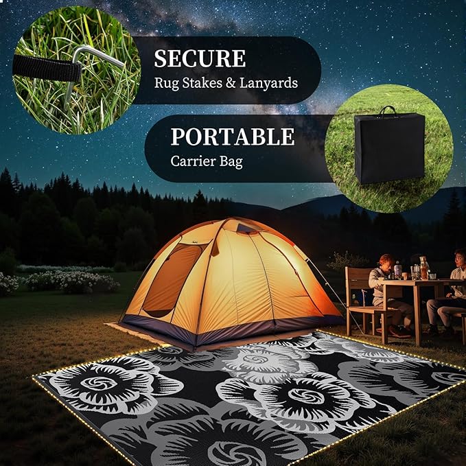 MontVoo Outdoor Rug with Led String Strip Lights 6x9ft Waterproof Outdoor Patio Rug Mat Reversible Plastic Straw Rug Outside Outdoor Rug for RV Camping Picnic Balcony Backyard Fairy Outdoor Decor