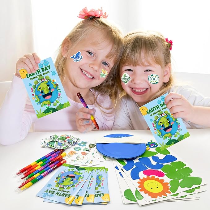 Cinrobiye 72 Pcs Earth Day Party Favors Gifts，Save the Planet Coloring Books with Stacking Crayons，Earth Party Crafts DIY Kit，Travel Party Stickers World Environment Day Decorations for Classroom