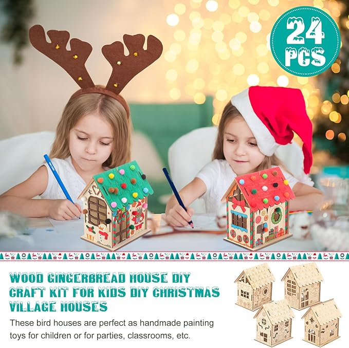 12 Pcs Wood Gingerbread House Craft Kit for Kids DIY Wooden Christmas Birdhouse Craft Kits Holiday Village Houses Make a Gingerbread Wooden House for Xmas Party Game Craft Supplies