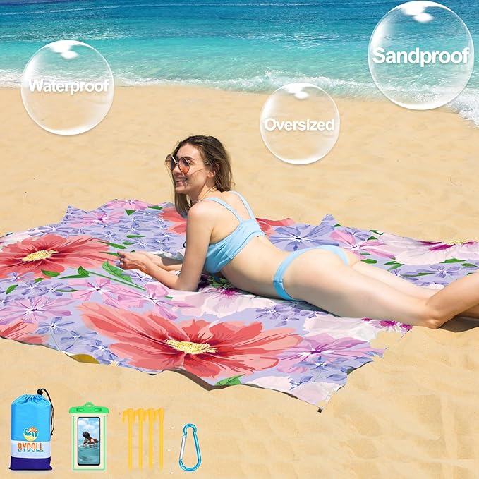 BYDOLL Beach Blanket 78''X81'' 4-7 Adults Oversized Lightweight Waterproof Sandproof Blanket for Beach Large Picnic Mat Travel Camping