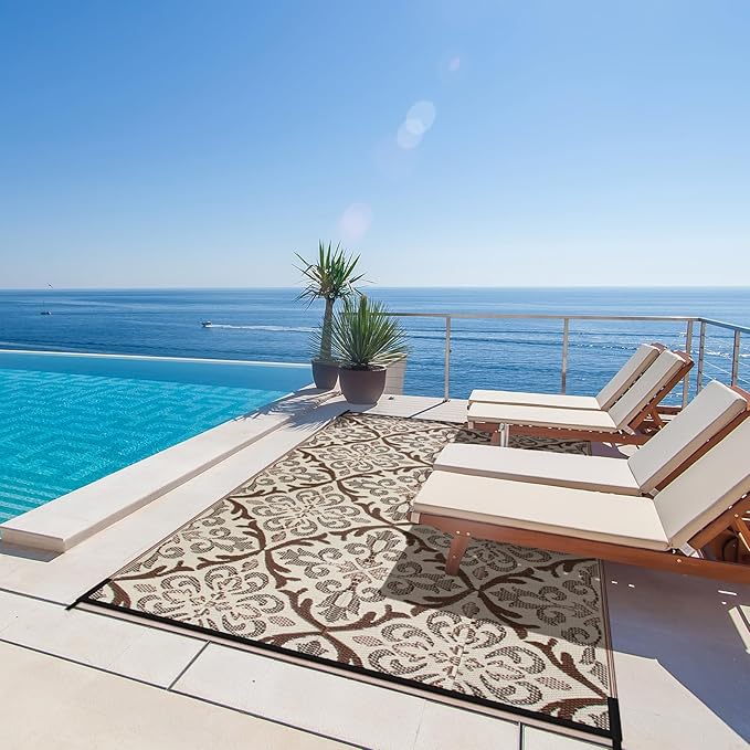 Lahome 6x9 Outdoor Rugs for Patios Waterproof, Plastic Straw Portable Reversible Rv Rug, Porch Floor Camping Carpet for Balcony Tent, Khaki 6'x9'