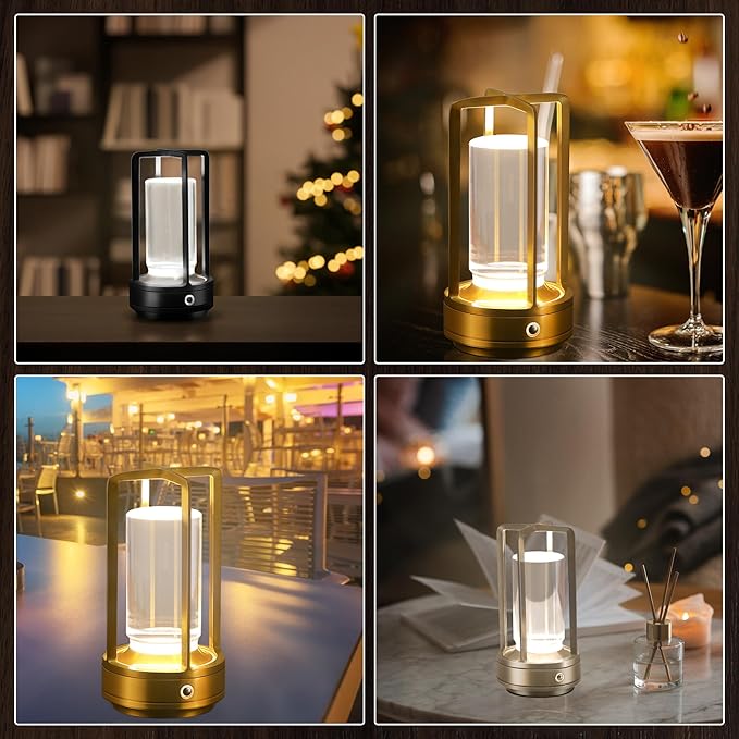 Portable Metal Table Lamp,Cordless Table Lamp,Battery Operated, 3 Light Colors, for Restaurant/Bedroom/Bars/Outdoor Party/Camping/Coffee Shop Atmosphere Night Light (Gold)