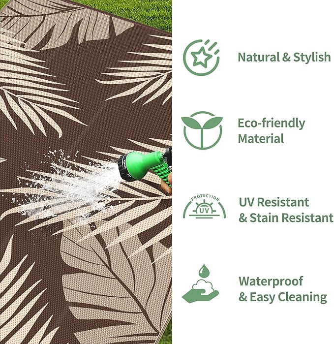 GENIMO Outdoor Rug 9' x 18' Waterproof for Patios Clearance, Reversible Outdoor Plastic Straw Camping Rug Carpet, Large Area Rugs Mats for RV, Camper, Deck, Balcony, Porch, Beach, Coffee&Beige