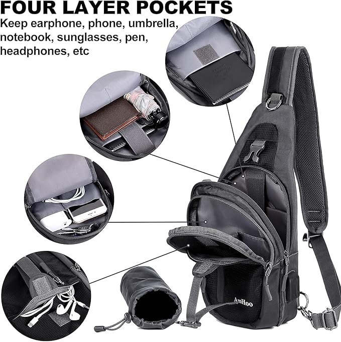 AmHoo Sling Backpack Chest Shoudler Crossbody Bag Water Resistant Hiking Daypack