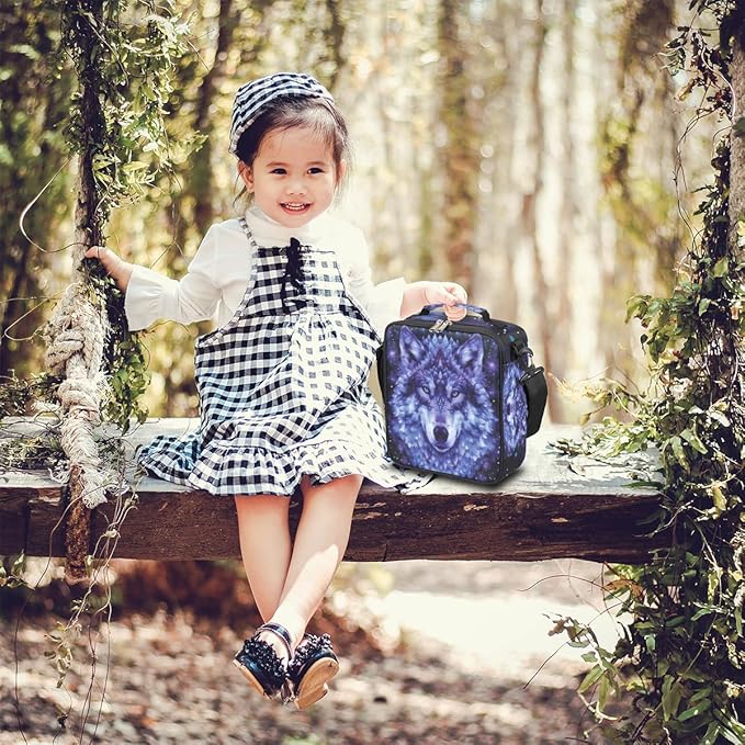 cfpolar Wolf Lunch Box for Boys Girls, Insulated Lunch Bags for Kids Reusable Mini Cooler Lunch Tote Lunchbox Thermal Meal Tote Kit with Shoulder Strap for Work School Picnic