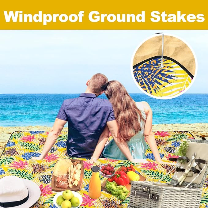 PY SUPER MODE Picnic Blankets Extra Large, Waterproof Foldable Outdoor Beach Blanket Oversized 83x79” Sandproof, 3-Layer Picnic Mat for Camping, Hiking, Travel, Park, Concerts-Tropical Color Leaf