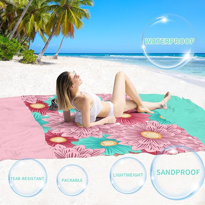 BYDOLL Beach Blanket Waterproof Sandproof 78''×81'' Suits1-4 Adults Compact Lightweight Oversized Sand-Free Blanket Large Picnic Mat for Beach Travel Camping Hiking