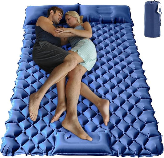 ONTYZZ Double Ultralight Inflatable Sleeping Pad for 2 Persons, Camping, Blue, Waterproof with Built-in Foot Pump