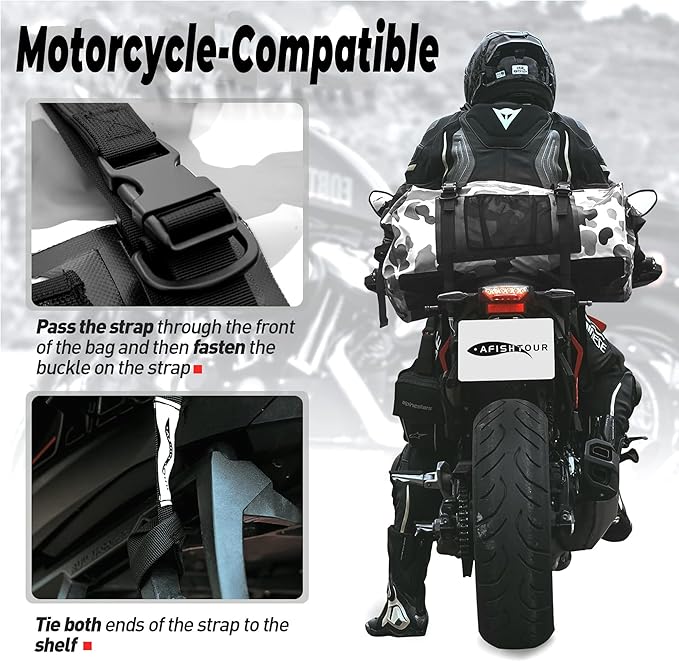 65L Waterproof Duffel Bag for Men and Women - Large Motorcycle Duffle Bag with Straps for Back Seat - Roll Top Dry Bag for Kayaking, Rafting, Boating, Swimming, Beach