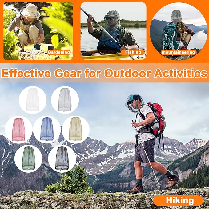 Benvo Mosquito Head Net Mesh, Face Neck Fly Netting Hood from Bugs Gnats Noseeums Screen Net for Any Outdoor Lover- with Carry Bags Fits Most Sizes of Hats Caps (2pcs, Grey, Updated Big Net)
