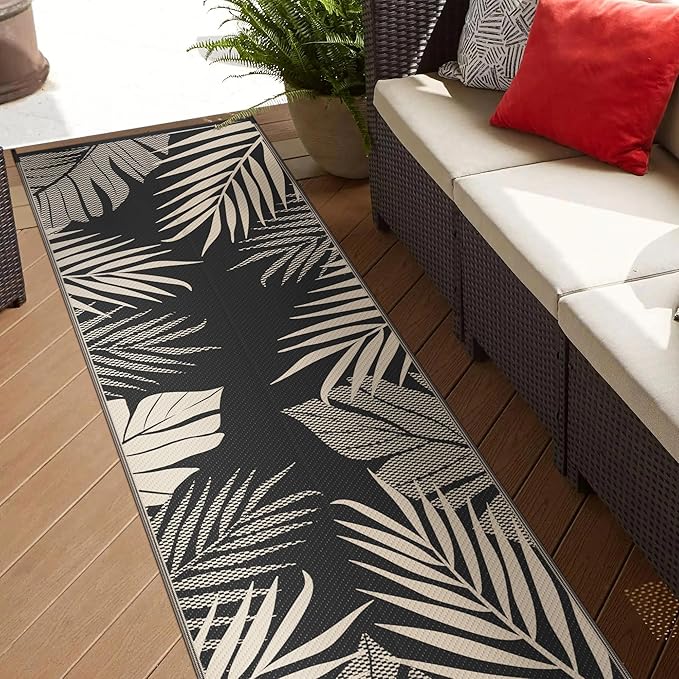 GENIMO Outdoor Rug 2.5' x 8' Waterproof for Patios Clearance, Reversible Outdoor Plastic Straw Camping Rug Carpet, Large Area Rugs Mats for RV, Camper, Deck, Balcony, Porch, Beach, Black&Beige
