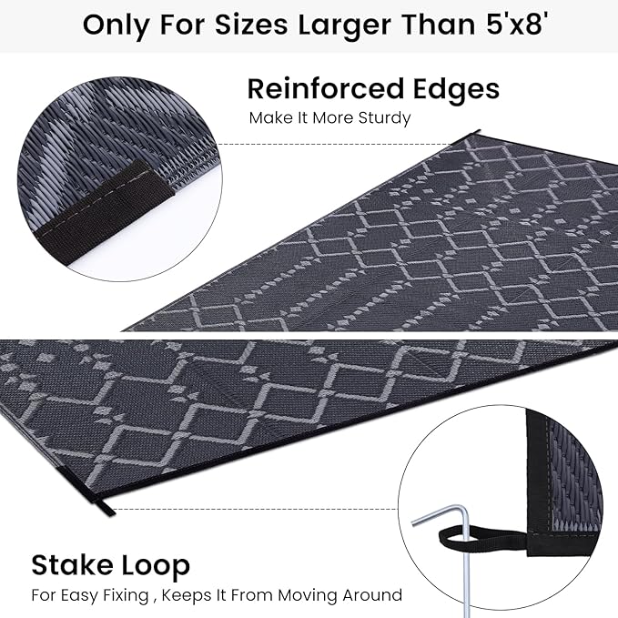 Smiry Outdoor Rug 6x9 ft, Waterproof Reversible Plastic Straw Rugs, Boho Outdoor Area Rug, Outside Floor Mat for Patio, Backyard, Deck, Picnic, Beach, Camping, Dark Grey
