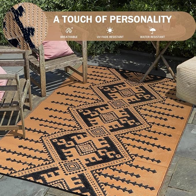 LILIOFFIC Outdoor Rugs for Patio Clearance - 5'x8' Waterproof Reversible Indoor Outdoor Rug Carpet, Portable Outdoor Plastic Straw Rug for RV Camping, Picnic, Beach, Porch, Deck, Black & Brown