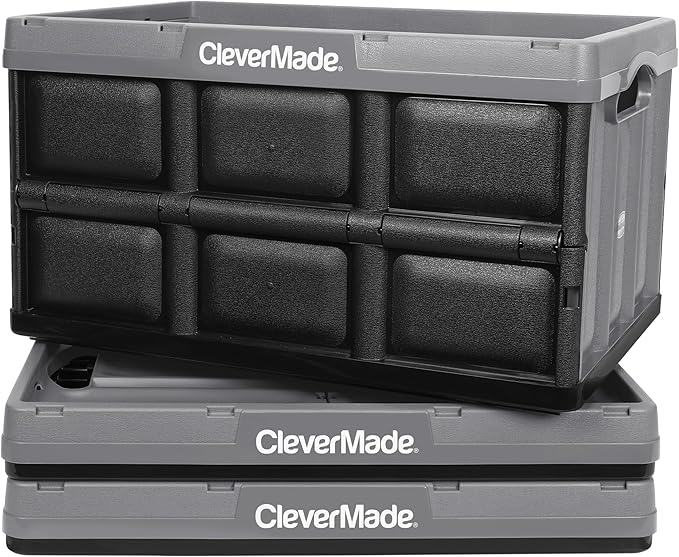 CleverMade Collapsible Storage Bins - Stone 3 Pack 62L - Stackable Containers Heavy Duty Capacity Folding Crates - Space-Saving for Home