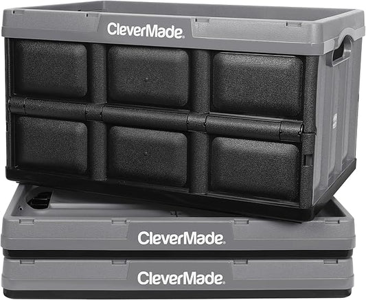 CleverMade Collapsible Storage Bins - Stone 3 Pack 62L - Stackable Containers Heavy Duty Capacity Folding Crates - Space-Saving for Home