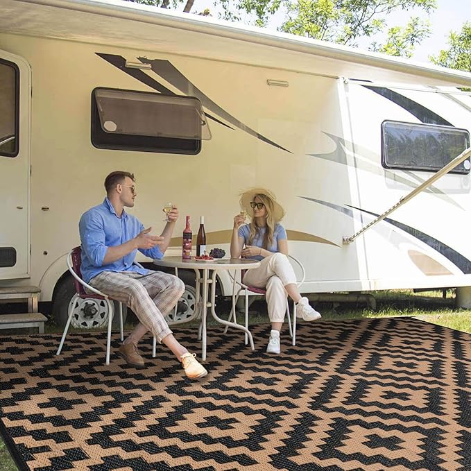 Outdoor Patio Plastic Straw Rug - 9'x12' Outdoor Camping Rug Waterproof Reversible, Area Carpet Patios Clearance RV, Outside Porch Balcony Deck for Camper, Black & Brown