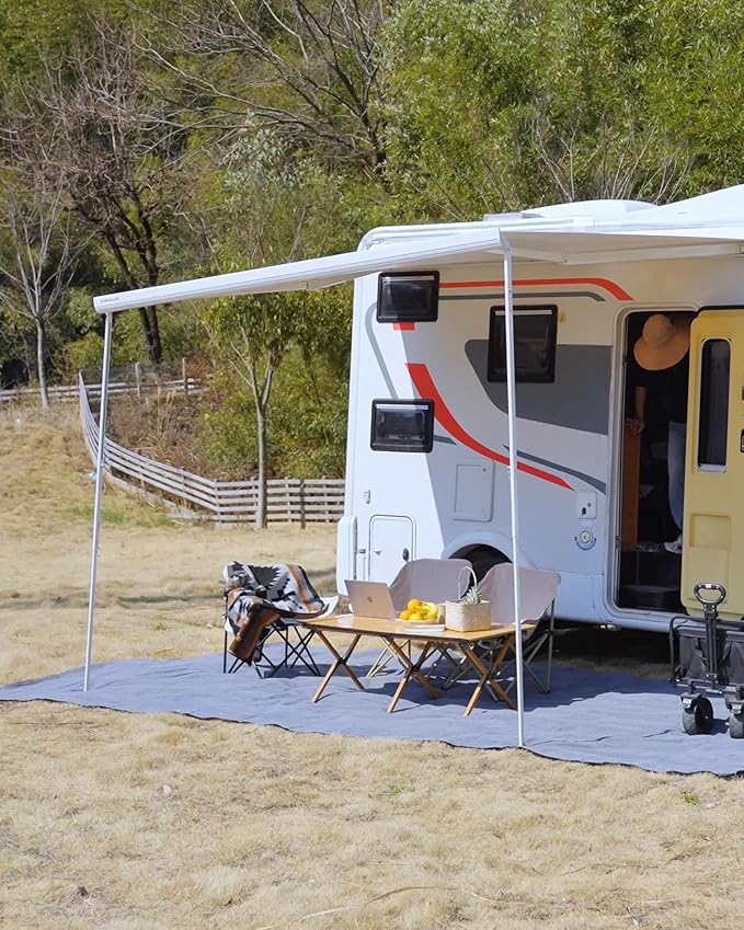 FoundGo Awning Carpet HDPE Camping Outdoor Rug with Eyelets,Nails,Broom,for RV,Patio,Backyard,Picnic,Beach,Trailer 9'*12' (2.74 * 3.66m) -Blue Grey