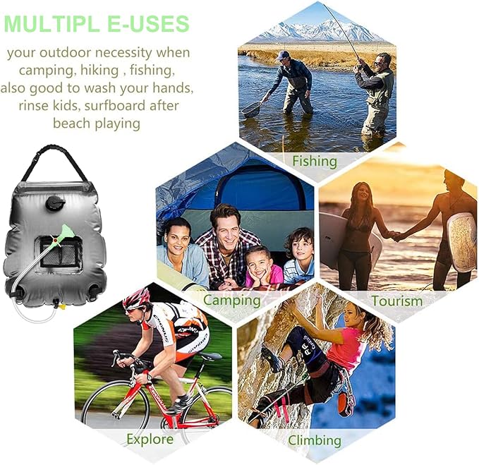 Solar Shower Bag | 5 Gal/20L Solar Heating Camping Shower Bag | Removable Hose | On-Off Switchable Shower Head | Ducha Portatil | Traveling Shower | Portable Shower for Beach Swimming, Hiking