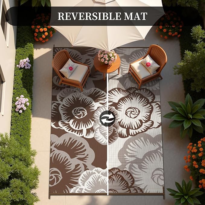 MontVoo Outdoor Rug-Waterproof Patio Rug Mat 6x9 Outdoor Carpet Mat Reversible Plastic Straw Outside Outdoor Rug for RV Camping Picnic Beach Balcony Backyard Pool Deck Farmhouse Floral Beige Brown