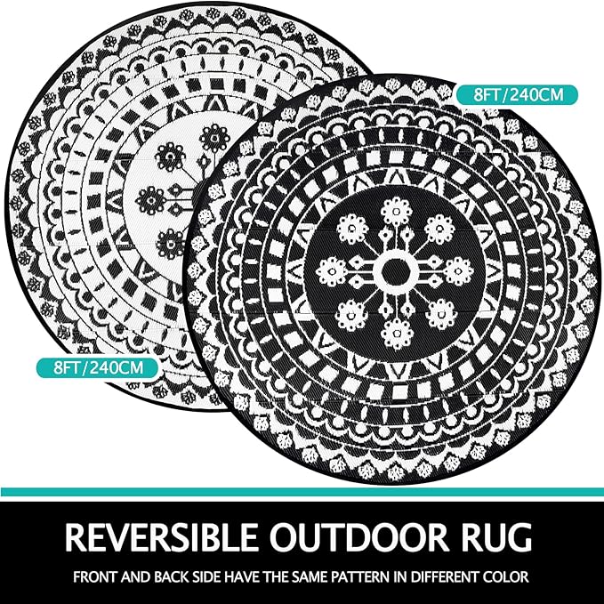 Capslpad 8Ft Round Outdoor Rug for Patio Reversible Mat Boho Circle Indoor Outside Area Rug Waterproof Plastic Straw Rug for RV Camping Picnic Pool Tent Beach Deck Balcony Doormats Decor