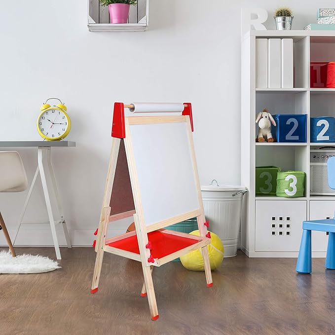 Deluxe Standing Art Easel, Dry-Erase Board Chalkboard Magnetic Whiteboard Paper Roll and Accessories, Ultimate All-in-One Wooden Kid's Art Easel