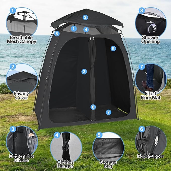 EighteenTek Shower Tent Camping, 2-Room Portable Changing Room, Outdoor Shower Enclosure, Pop Up Privacy Tent Shelter with Floor & Doors, Changing Tent, Camping Toilet, Bathroom