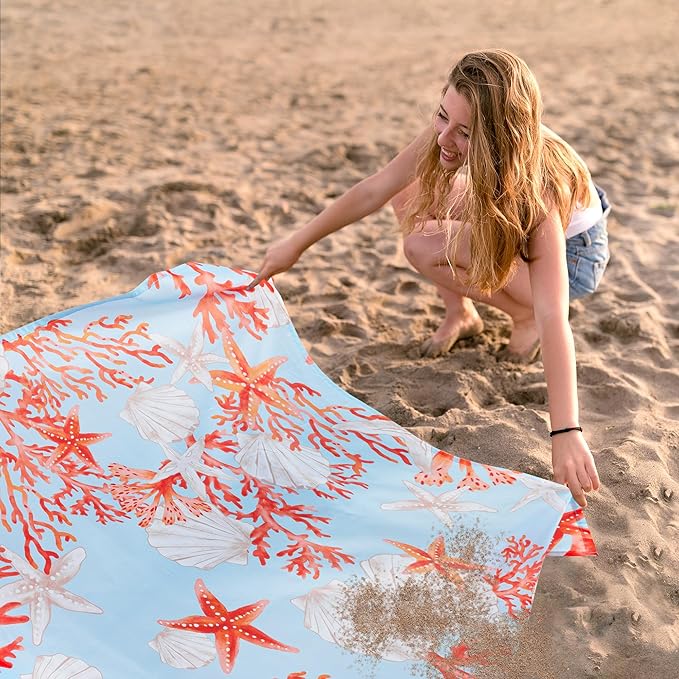 Beach Blanket Waterproof Sandproof, 9 Ft X 10 Ft Extra Large Sand Free Beach Mat, Big Compact Lightweight Quick Drying Picnic Blanket with 4 Stakes & Pockets for Camping, Travel, Hiking