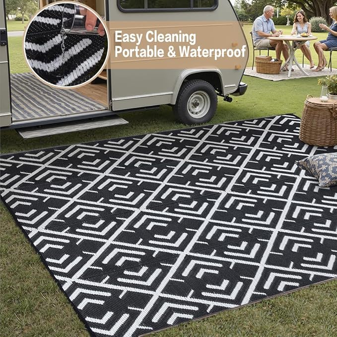 RV Outdoor Rug Waterproof Mat Outdoor Rugs 9'x12' for Patios Clearance Carpet Outdoor Camping Rugs Large Plastic Straw Rug(9x12ft Geometric Black&White)
