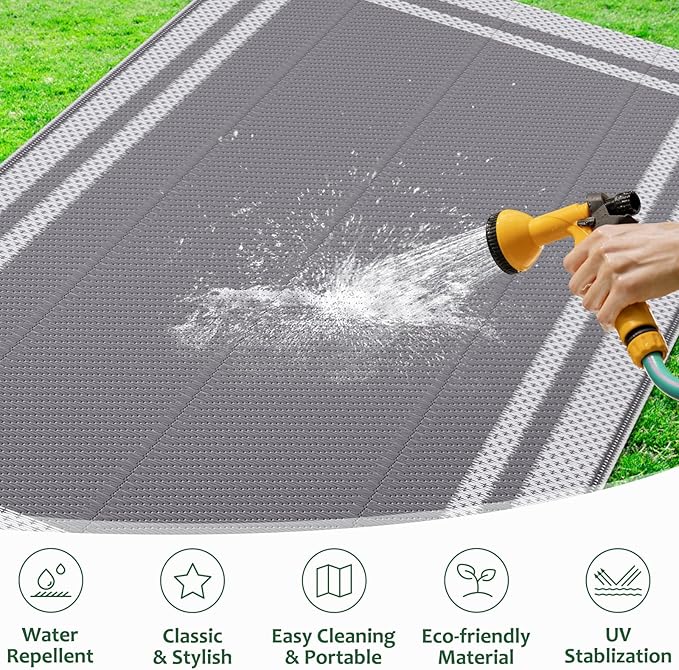 HappyTrends,Outdoor Rug,Patio Rug,Reversible Portable Plastic Straw Rug,Camping Rugs for Outside RV,Large Waterproof Area Rugs for Patio,Deck,Picnic,Porch,Balcony(6'x 9',White&Gray)