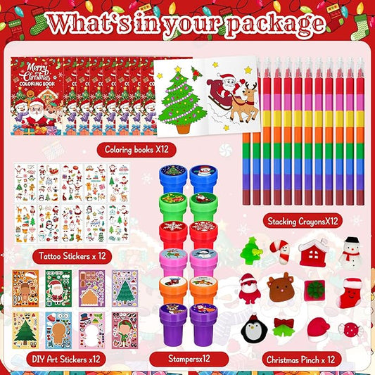 Cinrobiye 72 Pieces Merry Christmas Party Favors Max Holiday Coloring Books Tattoo DIY Sticker Stampers Class Reward Prizes for Christmas Holiday Winter Party Supplies