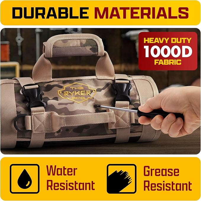 The Ryker Roll Up Tool Bag Organizer Gifts for Dad. Heavy Duty Motorcycle Tool Roll Bag Organizer. Portable Rollup Toolbag w/Detachable Pouches - Tools Bags Mens gifts for him/Mechanic - Camouflage