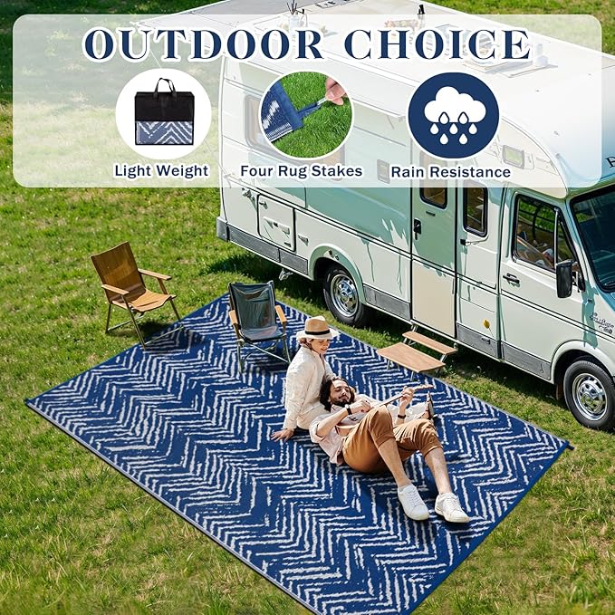 Outdoor Patio Rug 5x8 Navy Blue, Waterproof Reversible Outdoor Plastic Straw Rugs RV Camping Mat UV-Resistant Outside Carpet Portable Area Mats for Garden Balcony Deck Picnic Beach