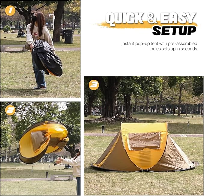 MoNiBloom Pop Up Tent 2 Person for Camping Waterproof Outdoor Easy Set Up Automatic Family Travel Tent, 2 Doors and Side Windows Instant Easy Popup Beach Tent with Carry Bag, Yellow