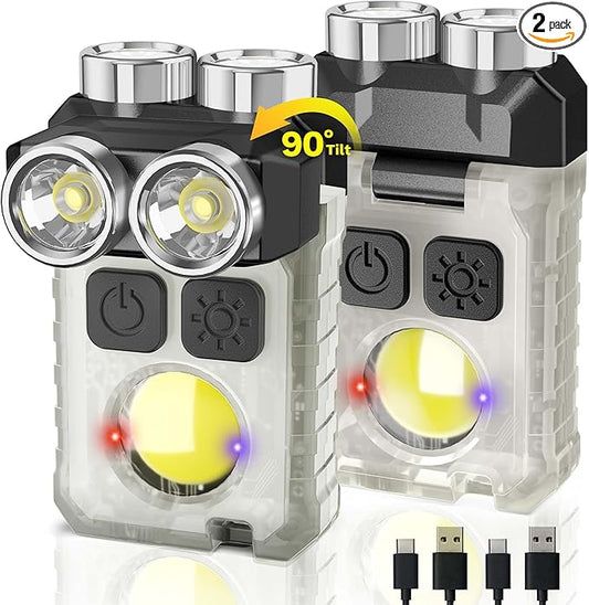 CLAKAP Rechargeable EDC Flashlight, 2Pack 1200LM Keychain Flashlight with COB Floodlight, 11 Modes Magnetic Small Flashlight 90°Head Swivels Portable Mini Pocket Light with Clip for Camping, Outdoor