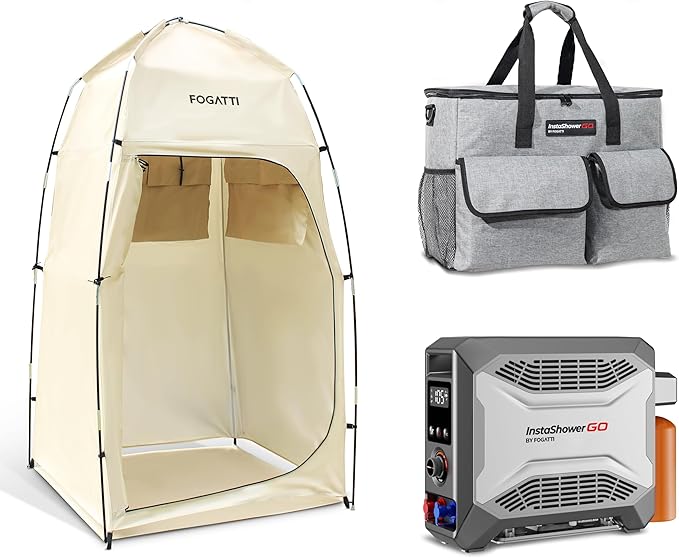 FOGATTI Camping Shower Tent with InstaShower GO Portable Water Heater and Carrying Bag