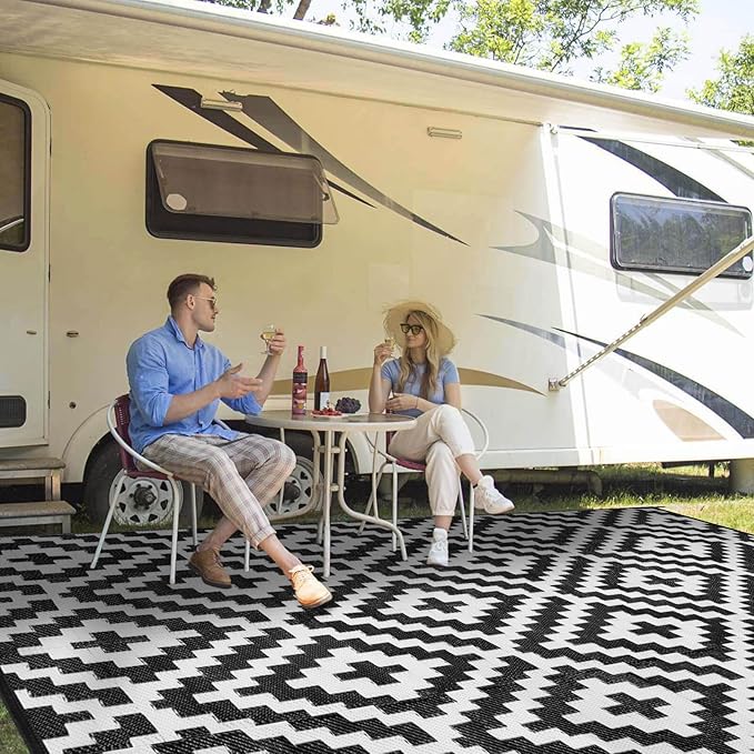 Outdoor Patio Plastic Straw Rug - 8'x10' Outdoor Camping Rug Waterproof Reversible, Area Carpet Patios Clearance RV, Outside Porch Balcony Deck for Camper, Black & White