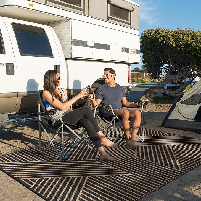 GENIMO Outdoor Rug 5'x8' for Patio Waterproof Clearance, Reversible Outdoor Plastic Straw Rug, Lightweight Carpet Camping Mat for Rv, Camper, Picnic, Balcony, Backyard, Deck, Porch, Black & Brown