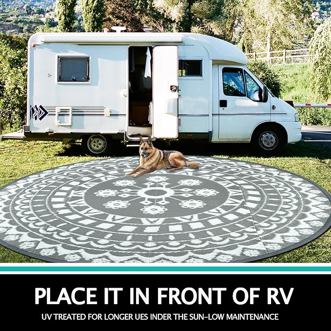 Capslpad 10Ft Round Outdoor Rug for Patios Clearance Reversible Mat Plastic Straw Patio Rugs Lightweight RV Camping Mat Circle Outside Area Rug Carpet for Balcony Deck Trailer Picnic BBQ, Grey
