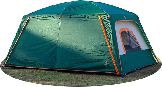 KTT Large Family Cabin Tent 10-12 Person,14.1X10X6.58ft,2 Rooms,3 Storage Pockets,2 Bay-Windows 3 Doors and 3 Windows with Mesh,Straight Wall,Waterproof,Double Layer,Big Tent for Outdoor,Camping