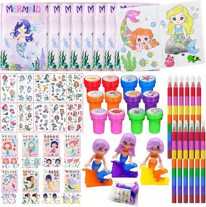 72 Pcs Mermaid Coloring Book with Crayons Party Favors Set, Under the Sea Party Pinatas Goodie Bag Fillers, Ocean Birthday Party Supplies Craft DIY Kit Face Stickers Tattoo for Underwater Party