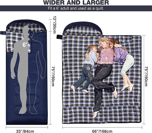 REDCAMP Flannel Sleeping Bag for Adults, Comfortable Cotton Sleeping Bags for Camping with Detachable Hood, Red/Grey/Blue